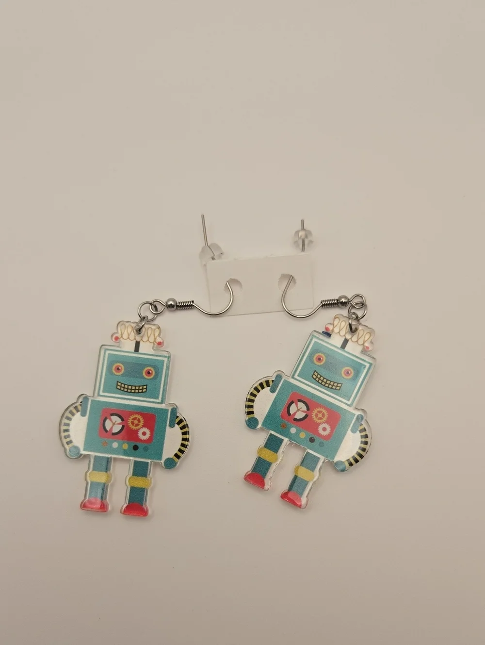 Kids Jewelry Teal Robot Dangle Earrings with Red Accents